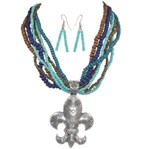 🔴 CLEARANCE  Fleur De Lis Blue Brown Beaded Necklace Set